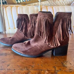 Bella Vita Fringe Suede Ankle Booties - Brown